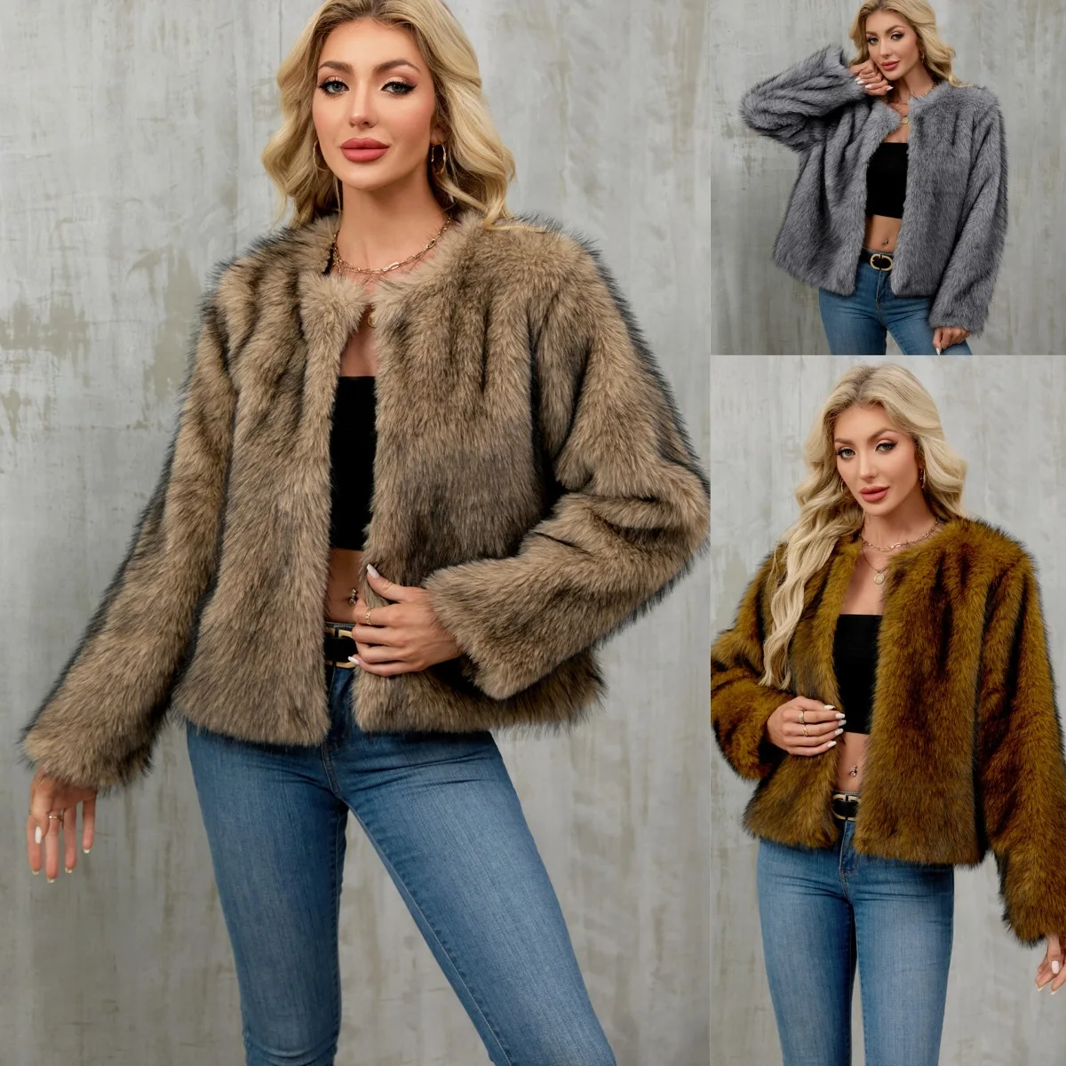 Jaket Bulu Imitasi Wanita Model Santai Gaya Jalanan, Mantel Bulu Musim Dingin Gradasi, Kerah Bulat, Jaket Bulu Pendek