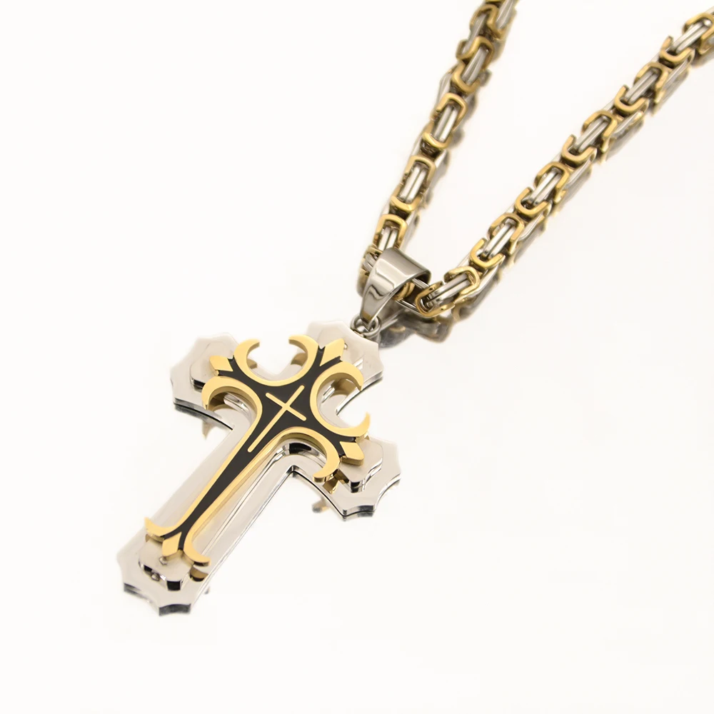 Fashionable Three-layer Gold-plated Cross Necklace Pendant Hip-hop Necklaces for Men Cross Stainless Steel Jewelry Anniversary G