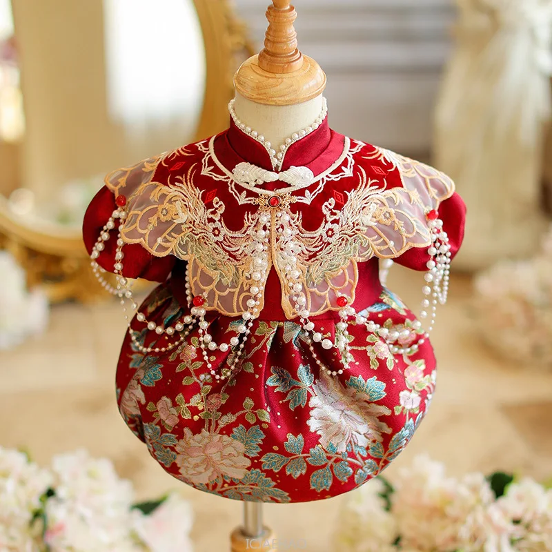 

Party Dress Chinese Style Baby Girl First Birthday Tang Suit Princess Days Celebration Traditional Gown Red Cheongsam Outfit 100