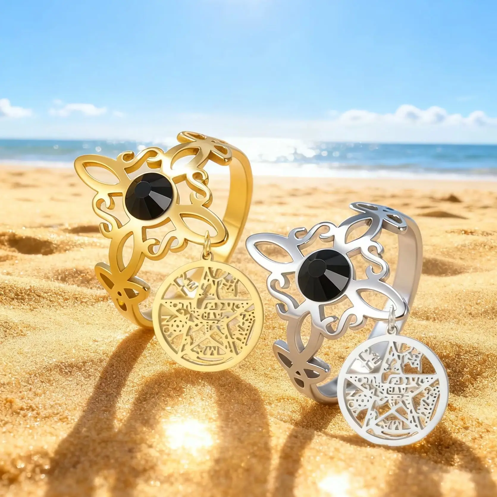 1 Stück Modischer Hexenknoten-Ring-Set mit Schwarzem Diamant Edelstahl Keltischer Knoten Pentagramm Runder Anhänger-Ring Irischer Schmuck Geschenk