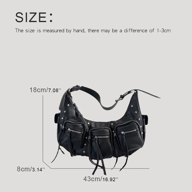 Moto & Biker Bags For Women Luxury Designer Handbags Purses 2024 New In PU Vintage Rivet Multiple Pockets Y2K Underarm Shoulder