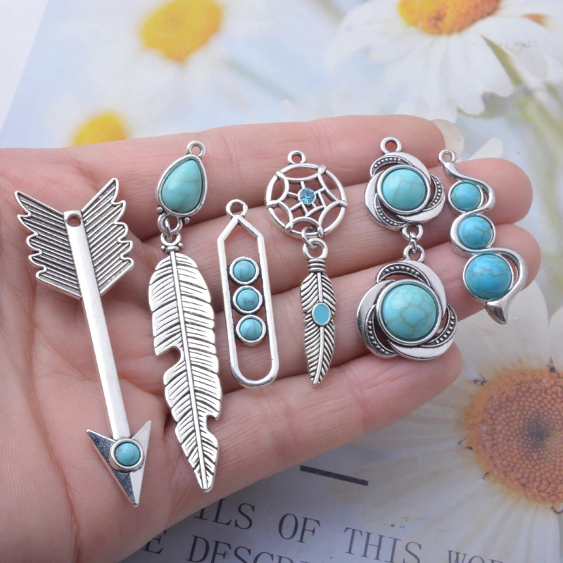 10pcs Antique Silver Color Alloy Imitation turquoise stone Long Earrings feather Dream catcher  Charms Jewelry sword Pendants