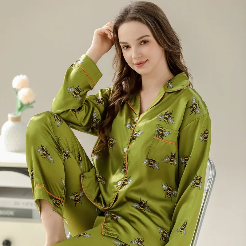 Damen Pyjama Sets Frühling 2 Stück Tier Biene Print Pyjama Faux Seide Satin Nachtwäsche Langarm Pijama Mujer Pyjs Homewear