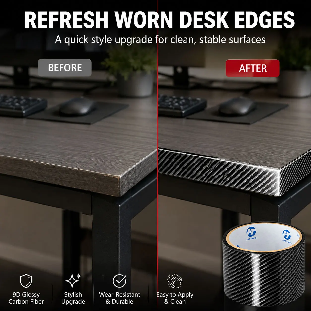 Carbon Fiber Furniture Edge Trim Tape Self-Adhesive Glossy PVC Desk Edge Wrap for Desks Drawers Cabinets 2m