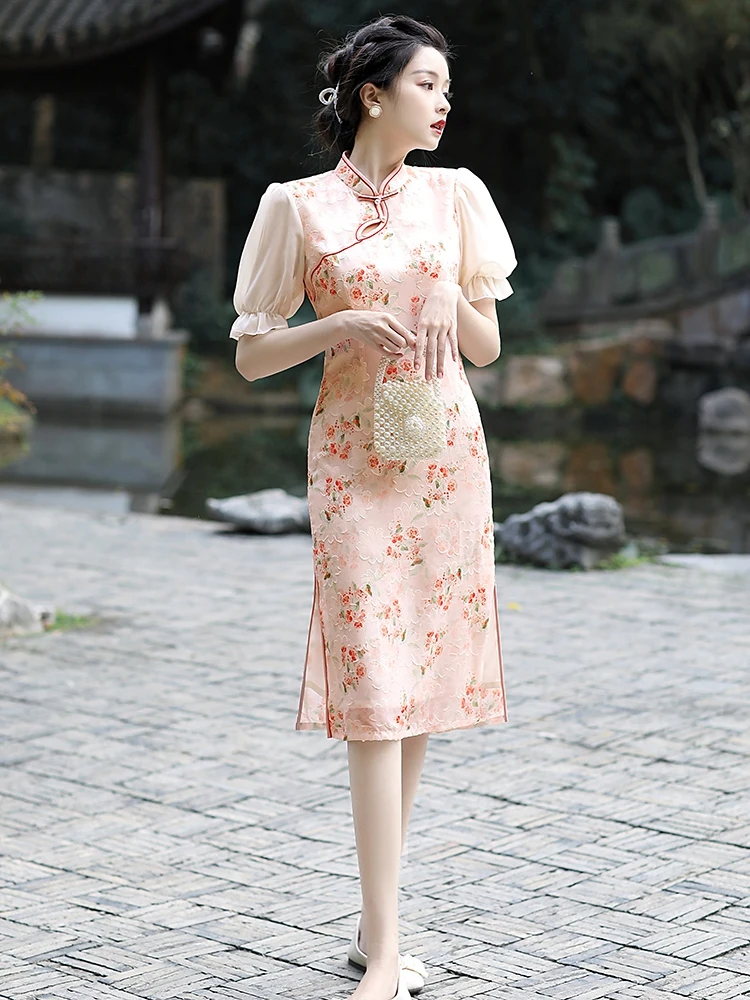 Short Sleeve Summer New Fairy Style Mid-Length Cheongsam Dress Elegant Retro Daily Wearable Republic of China