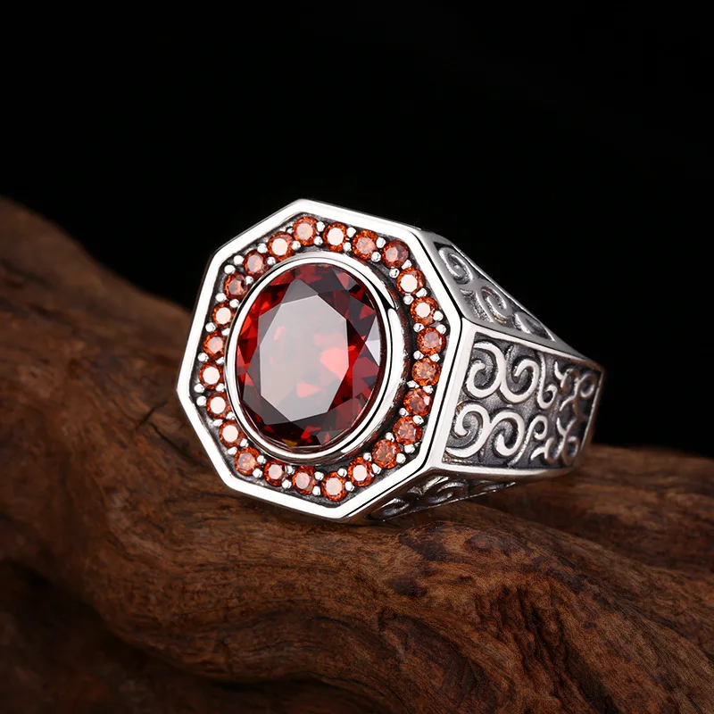 BOCAI S925 Sterling Silver Charms Rings for Men Women Retro Eternal Rattan Pattern Inlaid Red Zircon Fashion Jewelry ﻿Wholesale