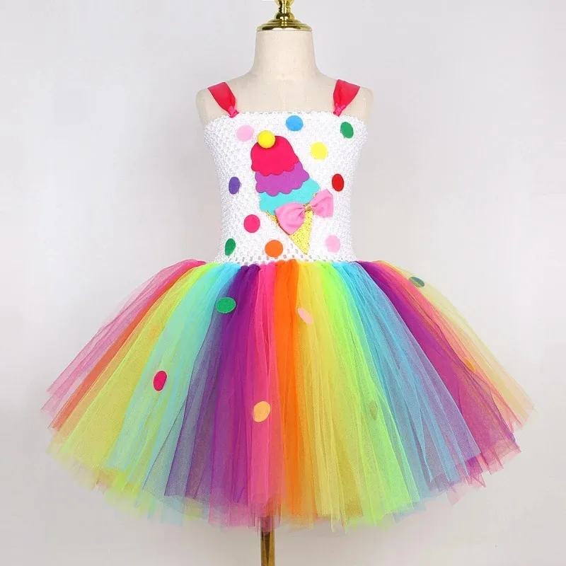 Kids Colorful Candy Ice Cream Tutu Skirt Soft Breathable Mesh Layered Dress Sweet Princess Style Carnival Festive Party Clothing