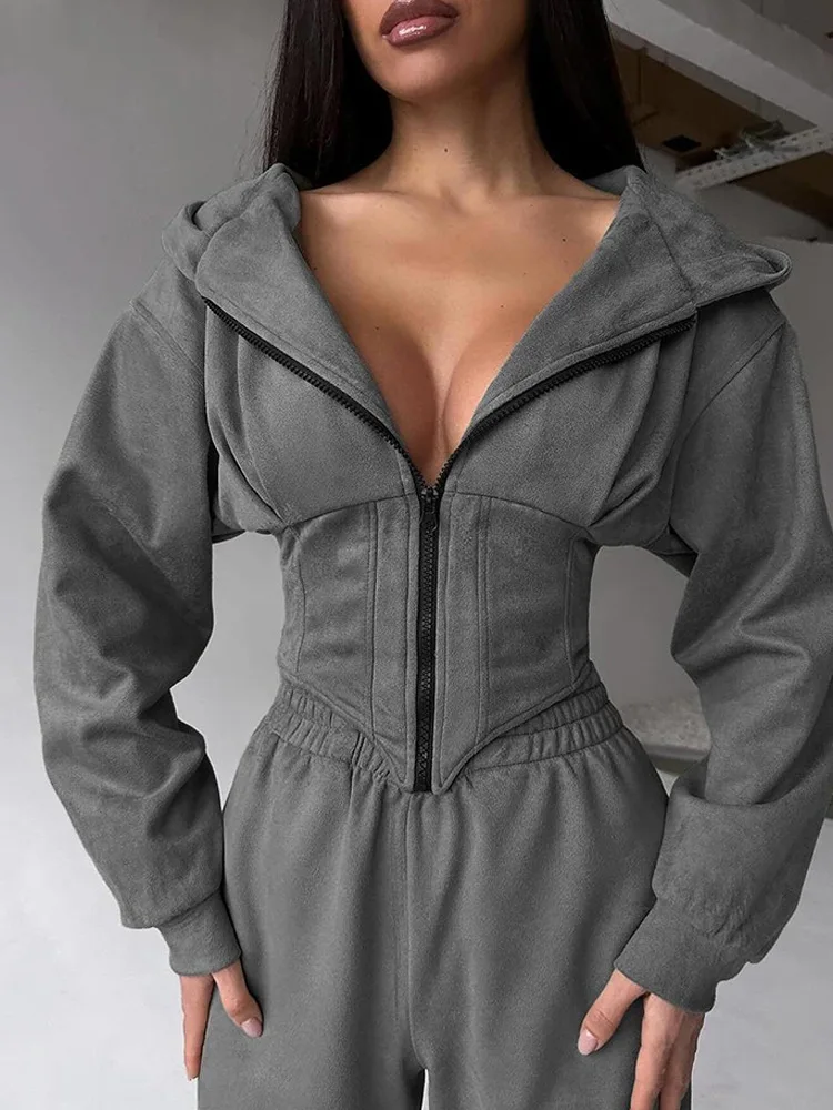 THRUM Autumn 2 Piece Sets Outfits Elegant Zipper Solid Color Hooded Slim Bodysuit Casual Sports Style Trousers Womens Clothing