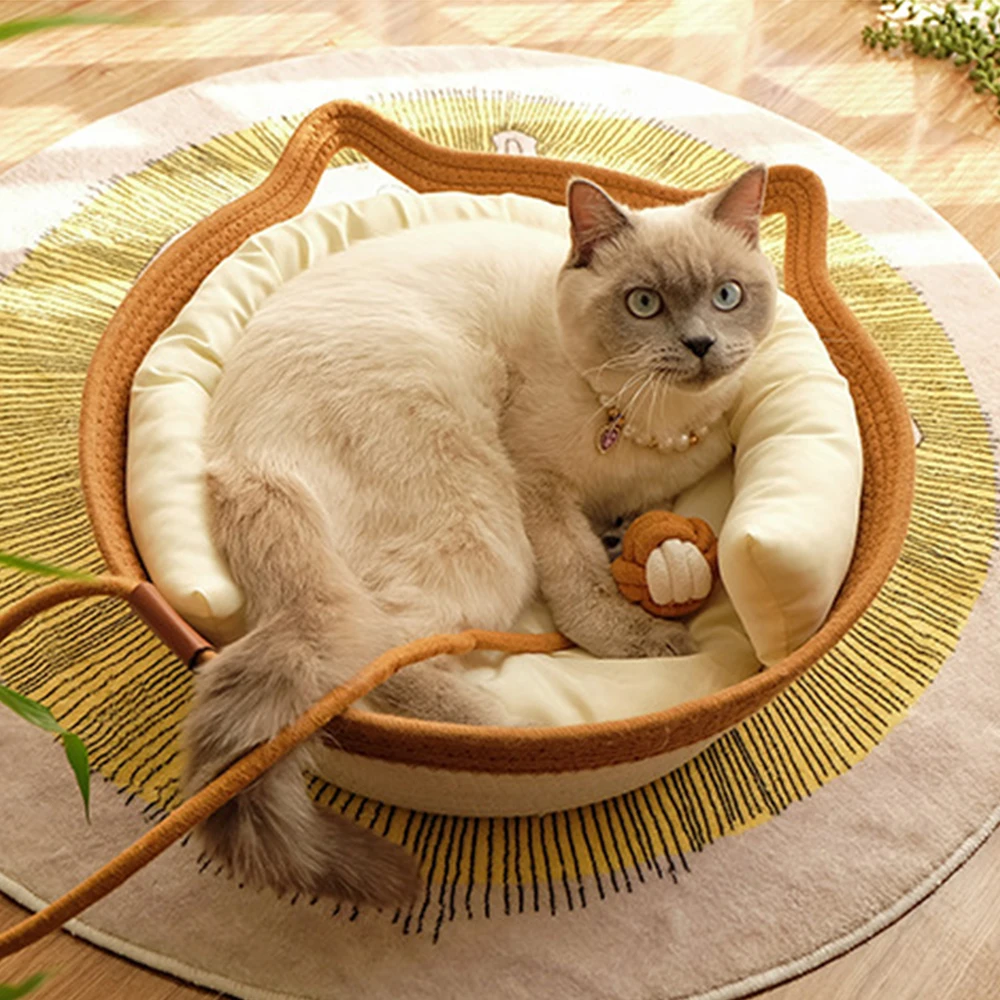 50cm Pet Cat Bed Mats Cotton Hand Woven Rattan Cat Beds Summer Winter Kitten Basket Cotton Rope Cat Scratching Baskets