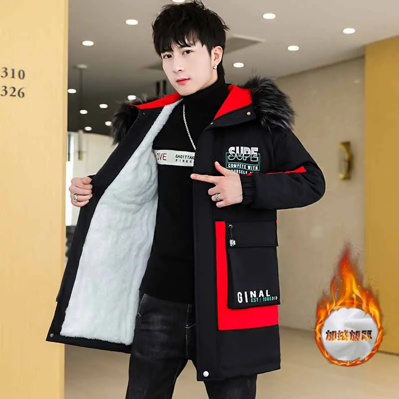 ฤดูหนาว Slim ยาวผู้ชายเสื้อพิมพ์สไตล์ Hooded Overcoat สีดำ Hip Hop Streetwear ฤดูใบไม้ร่วงเกาหลี Mens Jacket