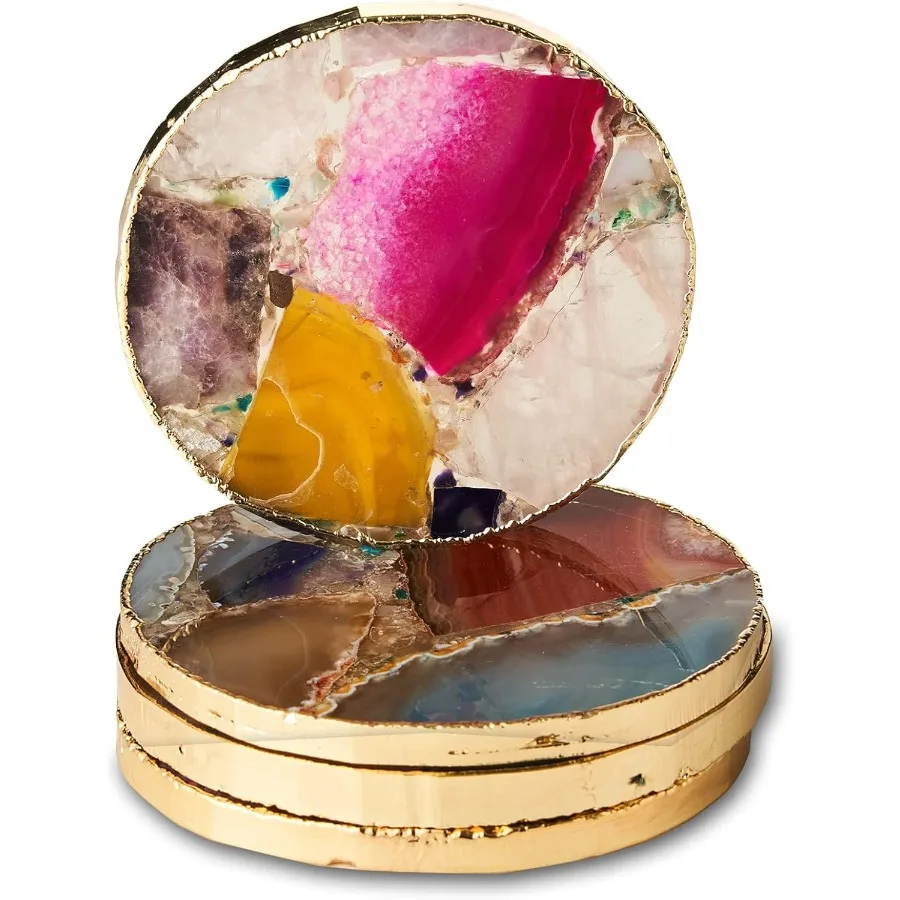 

Rainbow Agate Coasters Set of 4 Natural Crystal Coaster for Drinks Geode Gemstone with Gold Edge Agate Slice Stone Coaster for