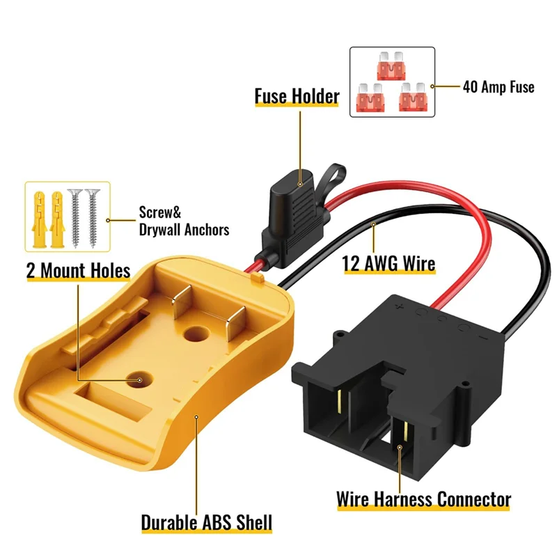 

Адаптер Power Wheels для аккумулятора 20 В с разъемом жгута проводов для провода 12 В, 12AWG с предохранителем 40 А Durable-A