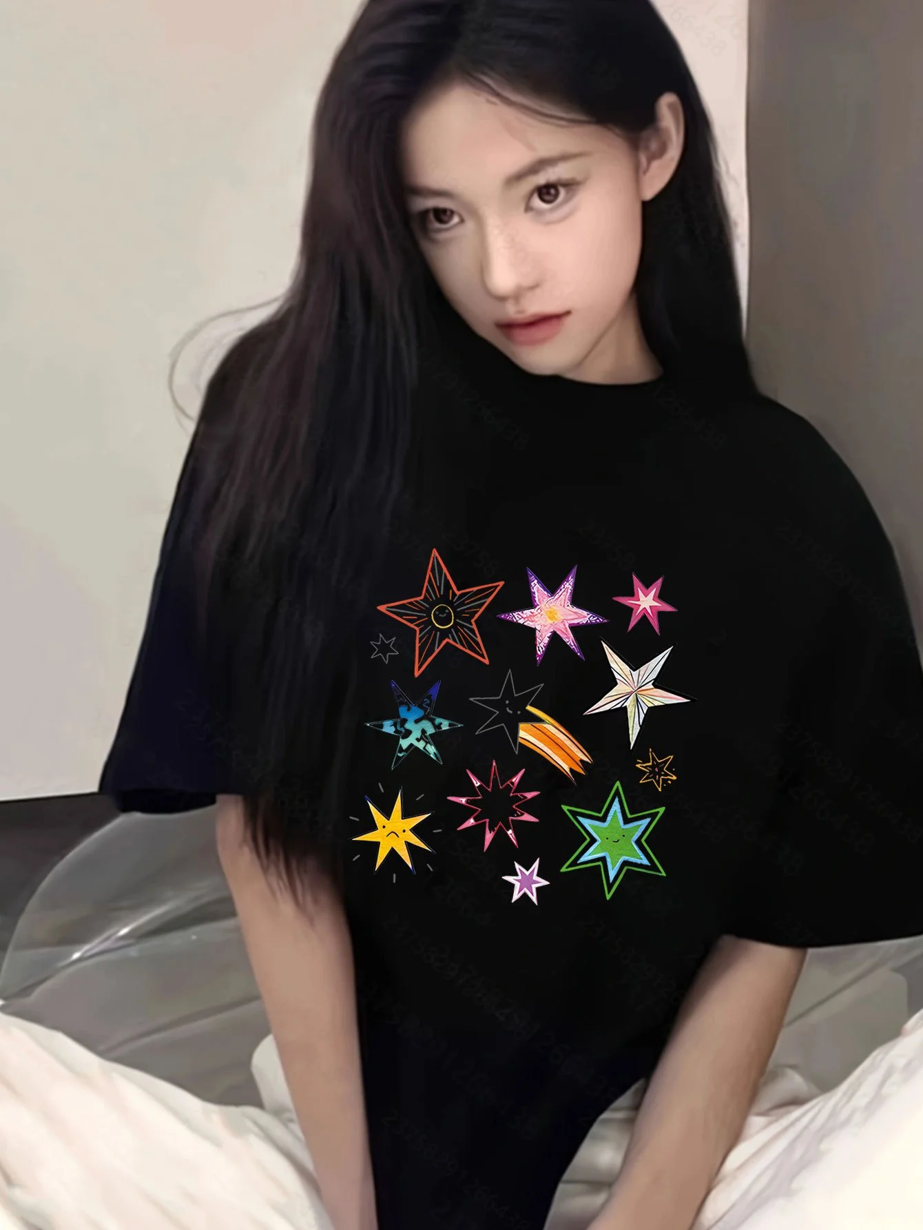 Women'S Casual T-Shirt with Vibrant Five-Pointed Star Geometric Print Summer Short Sleeved Harajuku Streetwear Tops Tees