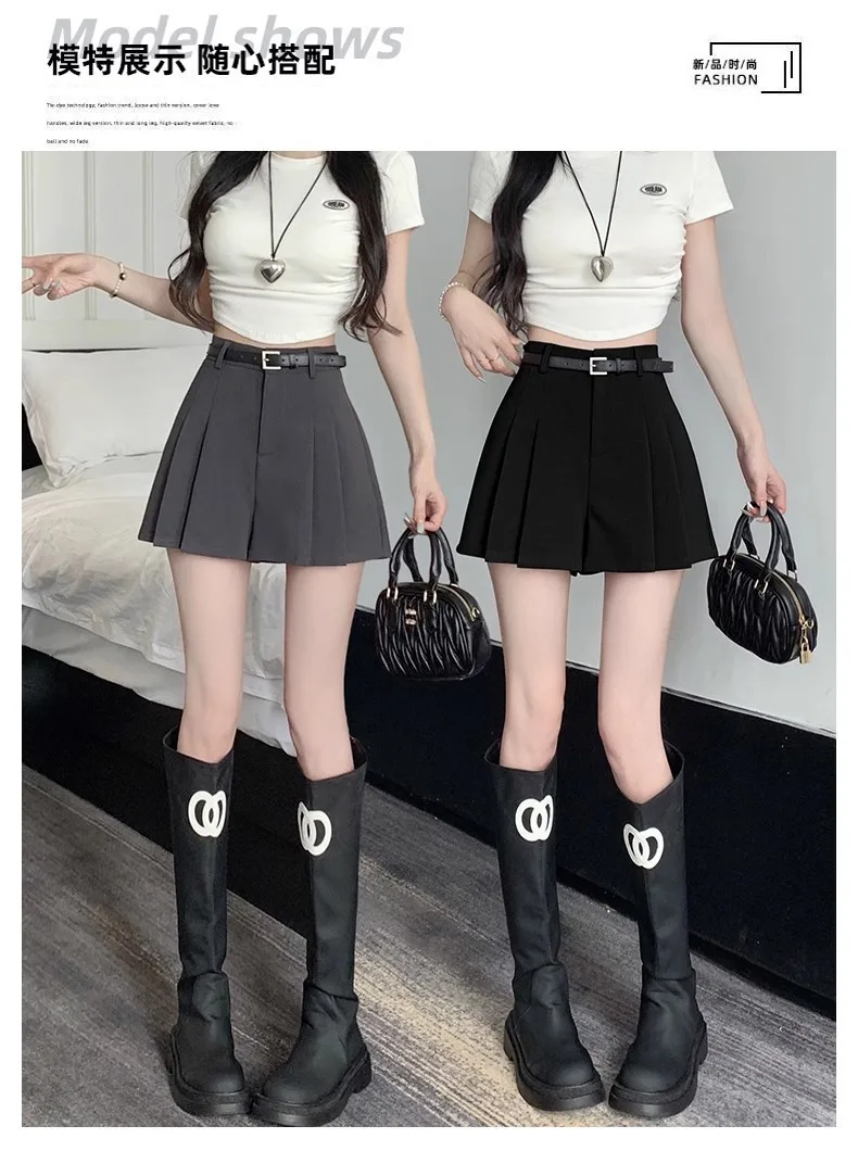 Fashion retro college style pleated half-body skirt 2025 spring new Korean women's short section with belt A-line skirt