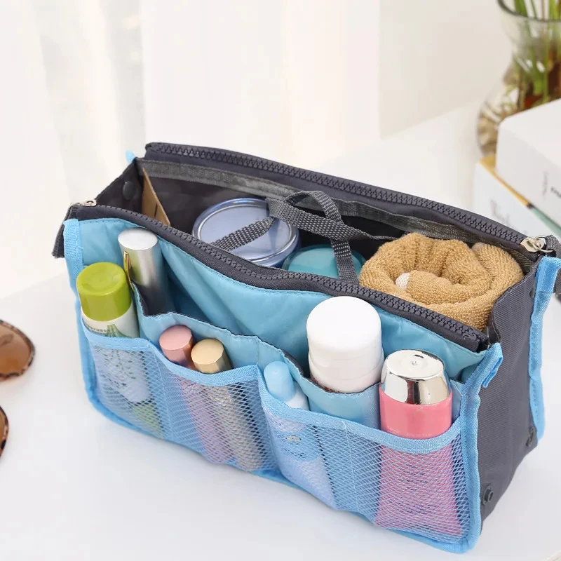 Bolsa de almacenamiento multifuncional bi-fold, doble cremallera, gran capacidad, arreglo de artículos de tocador de maquillaje, bolsa de clasificación grande