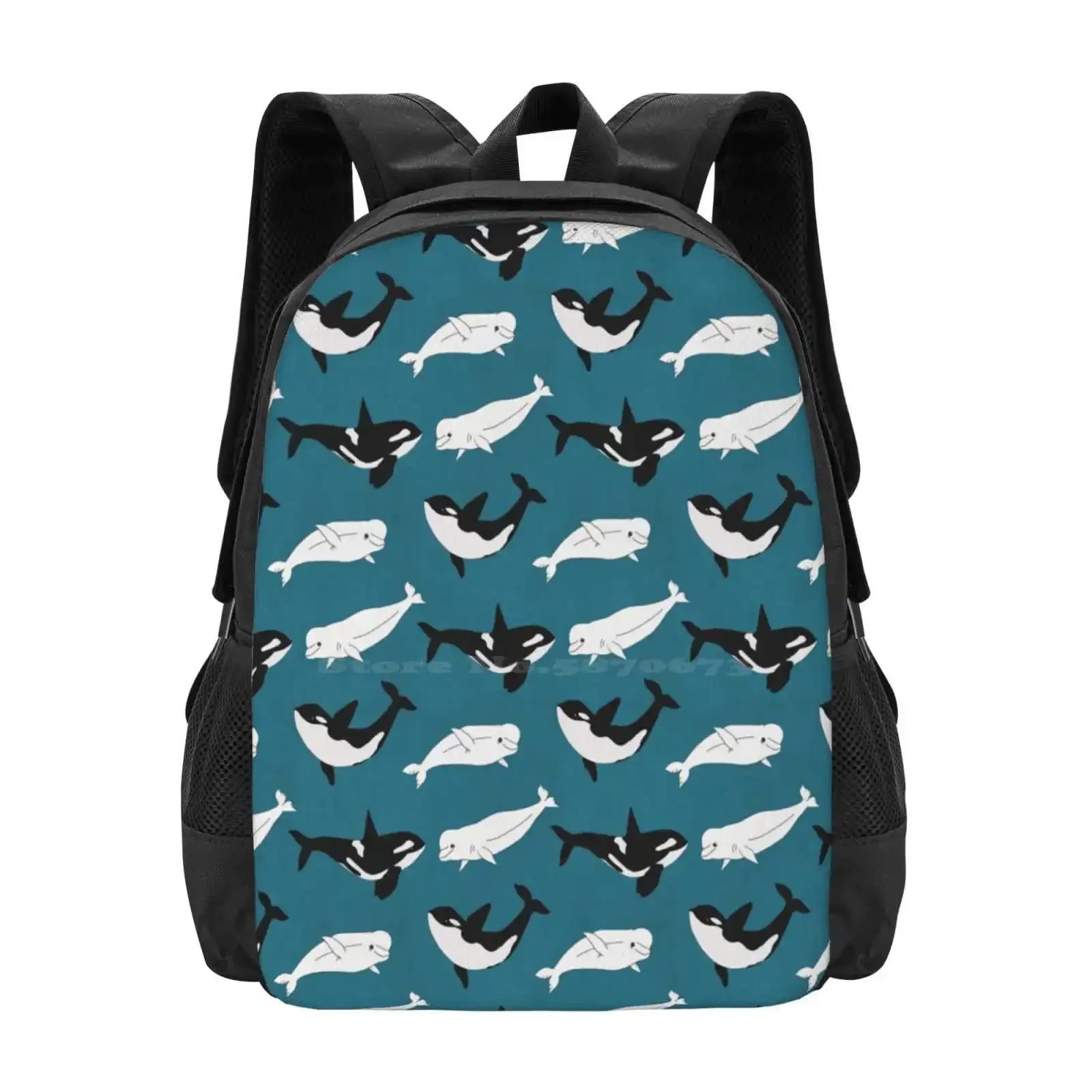 

Belugas & Orcas On Teal School Bags For Teenage Girls Laptop Travel Bags Orca Killer Whales Beluga Whales Swimming Teal Fish