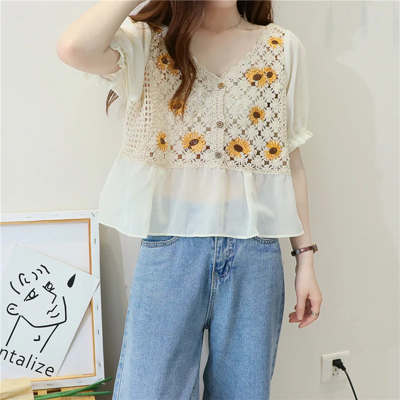 Crochet Top Chiffon Flower Embroidery Daisy Long Sleeve Button Front Fake Two-Piece Blouse Spring Summer Fairycore Cottagecore - view 5