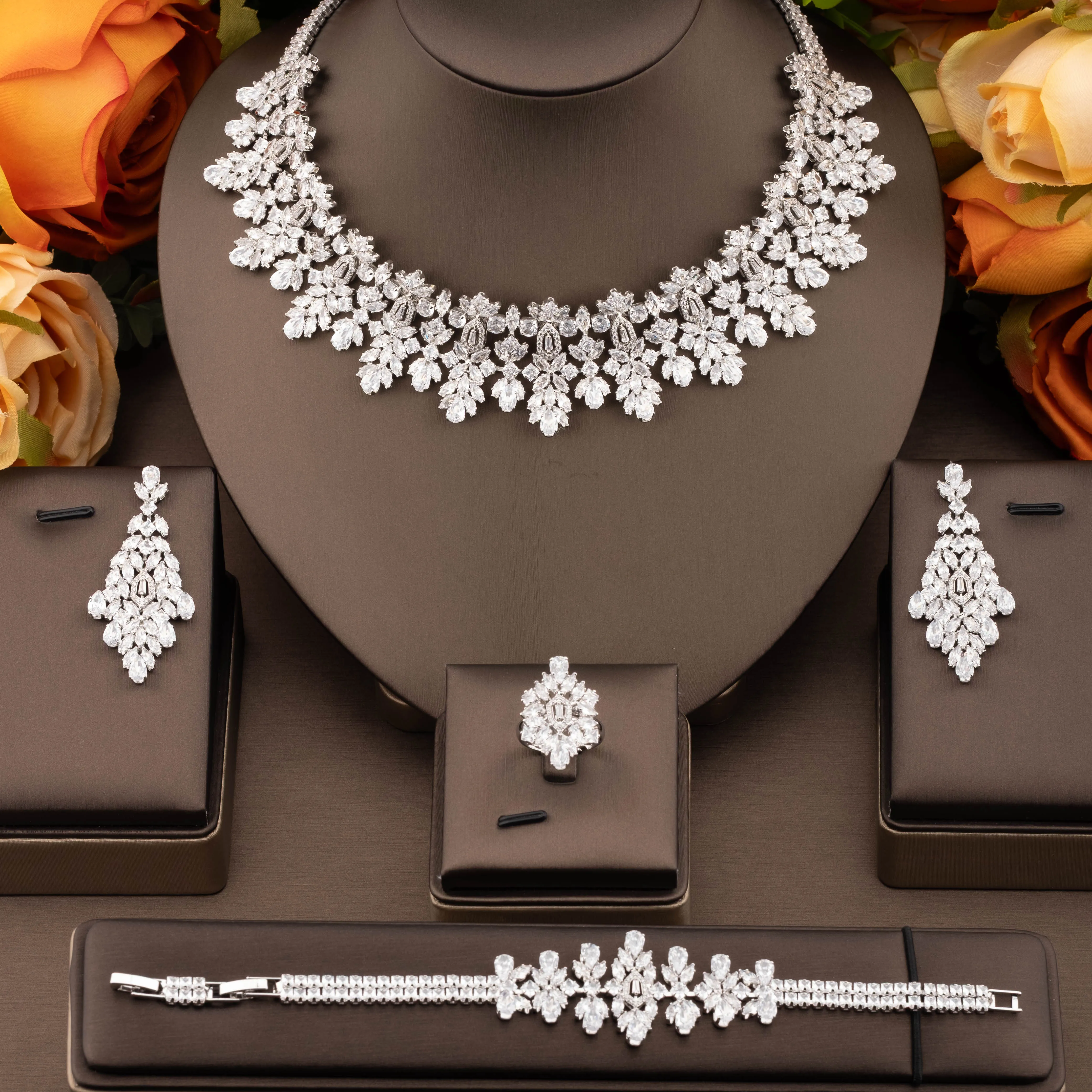 1 Set of Luxurious and Elegant Jewelry Set with Sparkling Cubic Zirconia Flower Cluster Design, Suitable for Women to Wear at We
