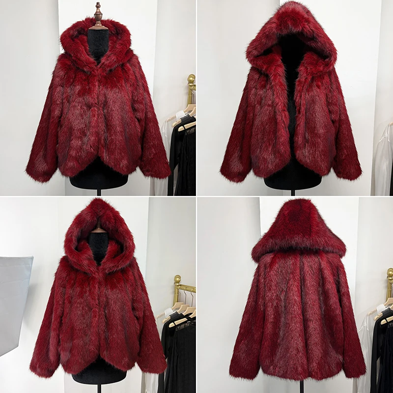 TARUXY Solid Color Hooded Lmitation Fur Coat Women's Fashion Loose Long Sleeves Plush Thick Jacket Winter New High Street Female