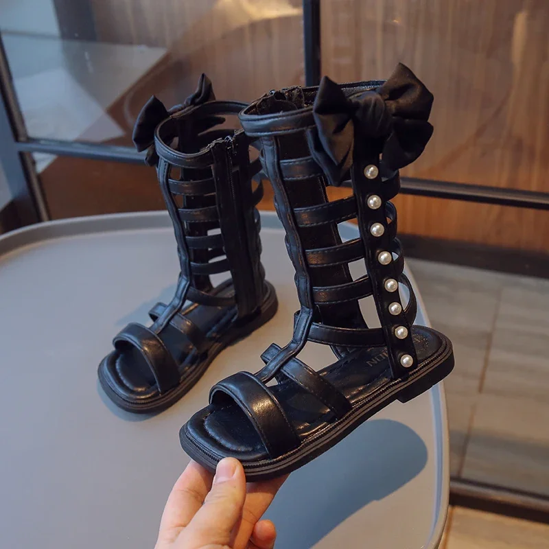 Girls Long Roman Boots Children High-top Leatehr Sandals Summer Fashion Kids Pearls Gladiator Sandals with Bowtie Princess Hot