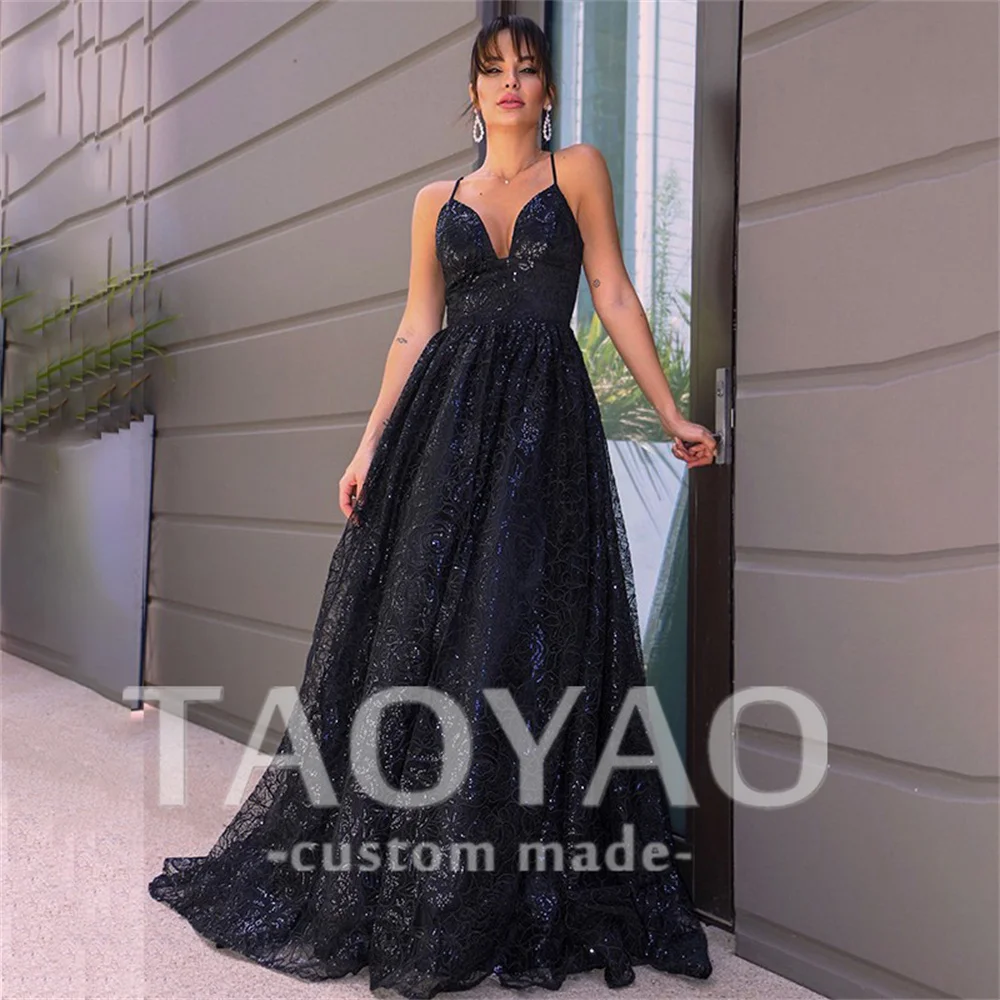 New A-Line Evening Dresses V Neck Sleeveless Lace Sequin Sweep Train Wedding Dress Party Dresses Prom Dress Vestidos De Fiesta