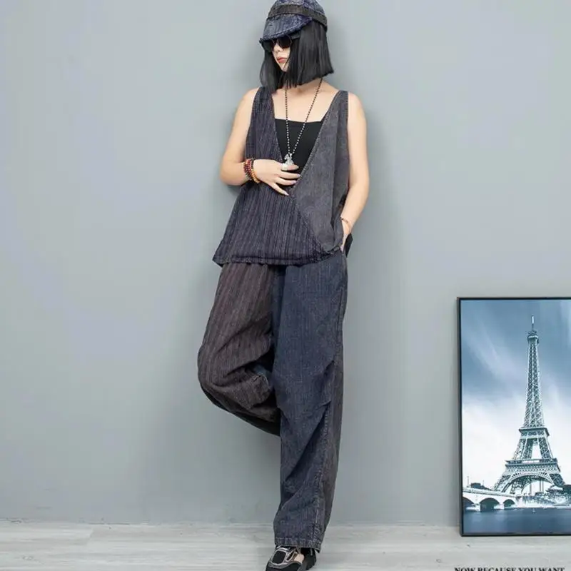 New Fashion Retro Stitching Pullover Sleeveless V-neck Vest Wide-leg Straight Pants Two-piece Set Women's Streetwear Casual Suit