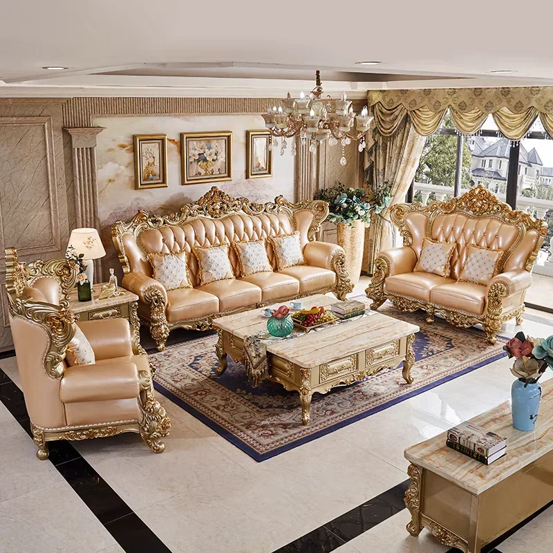 

European-style carved leather sofa first layer cowhide luxury golden solid wood villa large apartment 124 combination