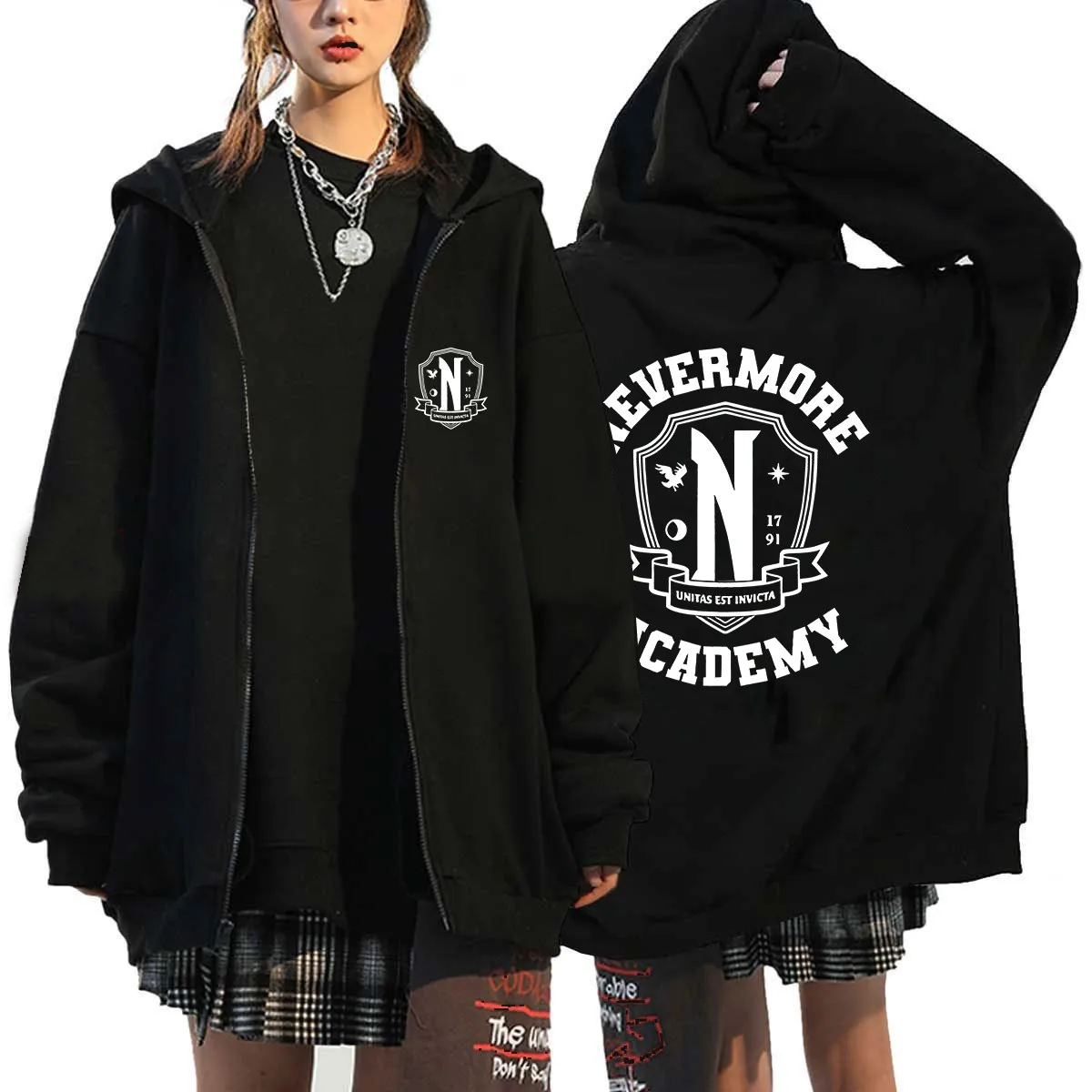 Jaqueta com capuz com zíper para homens e mulheres com estampa Nevermore Academy, casual, esportiva, de manga comprida, estilo Harajuku Y2k.