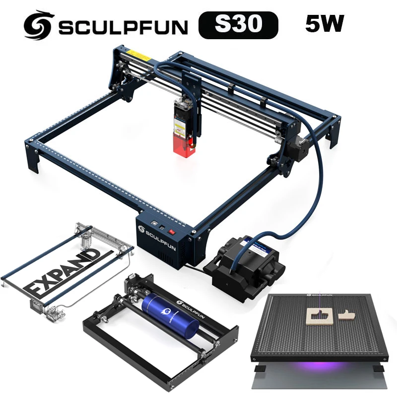 

SCULPFUN S30 Laser Engraver with Honeycomb &Rotary Roller Automatic Air-assist System Engraving Machine 410x400mm Engraving Area