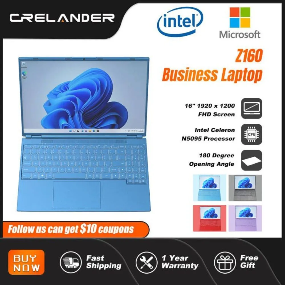 

CRELANDER 16 Inch Business Laptop IPS Screen Intel Celeron N5095 Quad Core Windows 11 12GB RAM Multicolor Notebook Computer