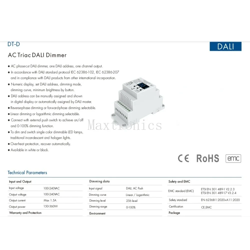 DT/DT-B Single Color DALI AC Triac Dimmer Series DT-C/DT-D 1CH*1.5A for Dimmable LED Light Incandescent Lamps Switch AC100-240V