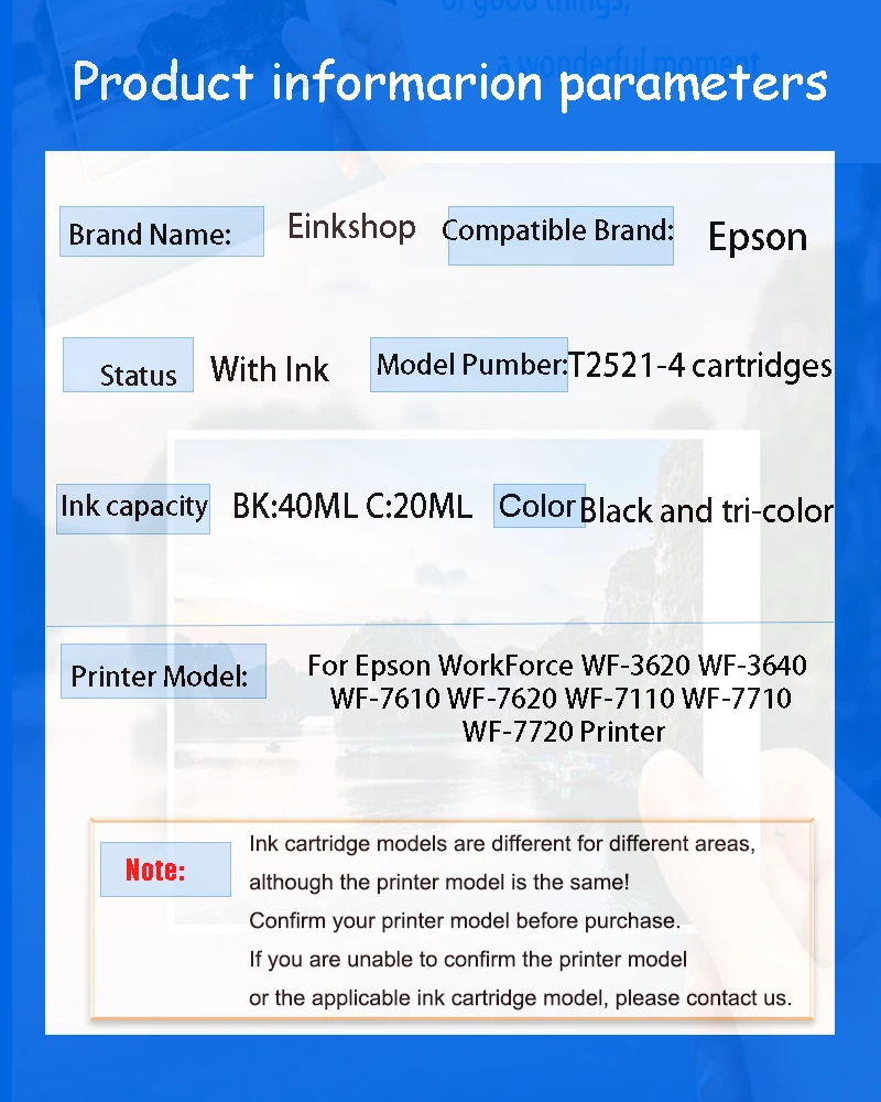 einkshop T252 T2521 - T2524 Ink Cartridge For Epson WorkForce WF-3620 WF-3640 WF-7610 WF-7620 WF-7110 WF-7710 WF-7720 Printer