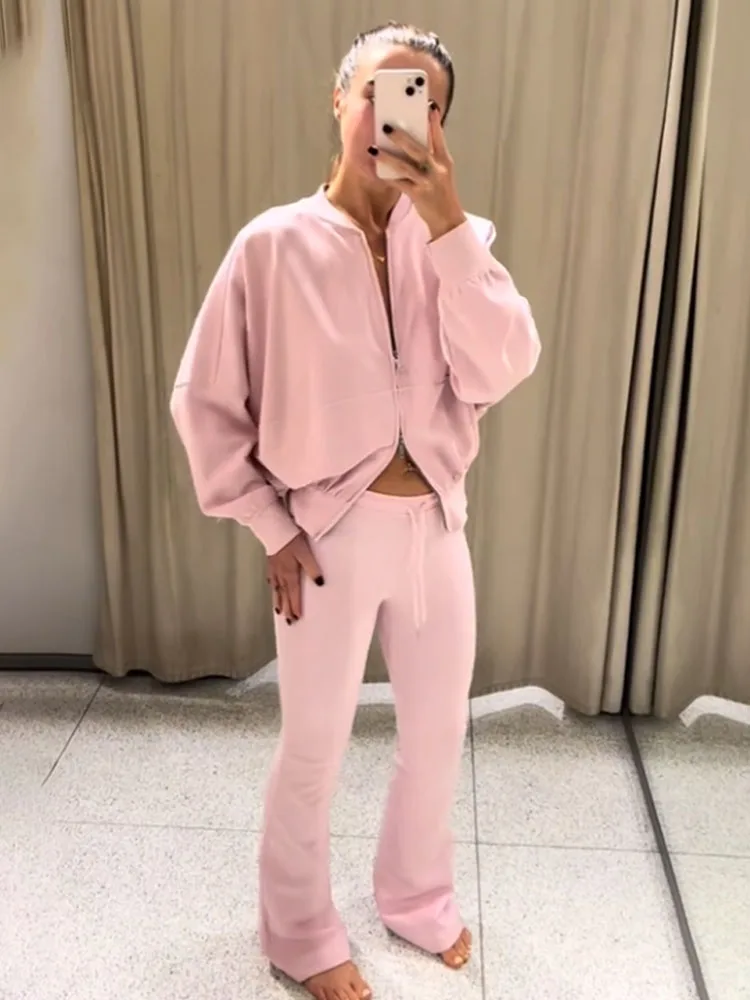 HH Women's Autumn Fashion Set Solid Long Sleeves Zipper Coats+High Waist Lace-Up Decoration Long Pants Female Casual Suits