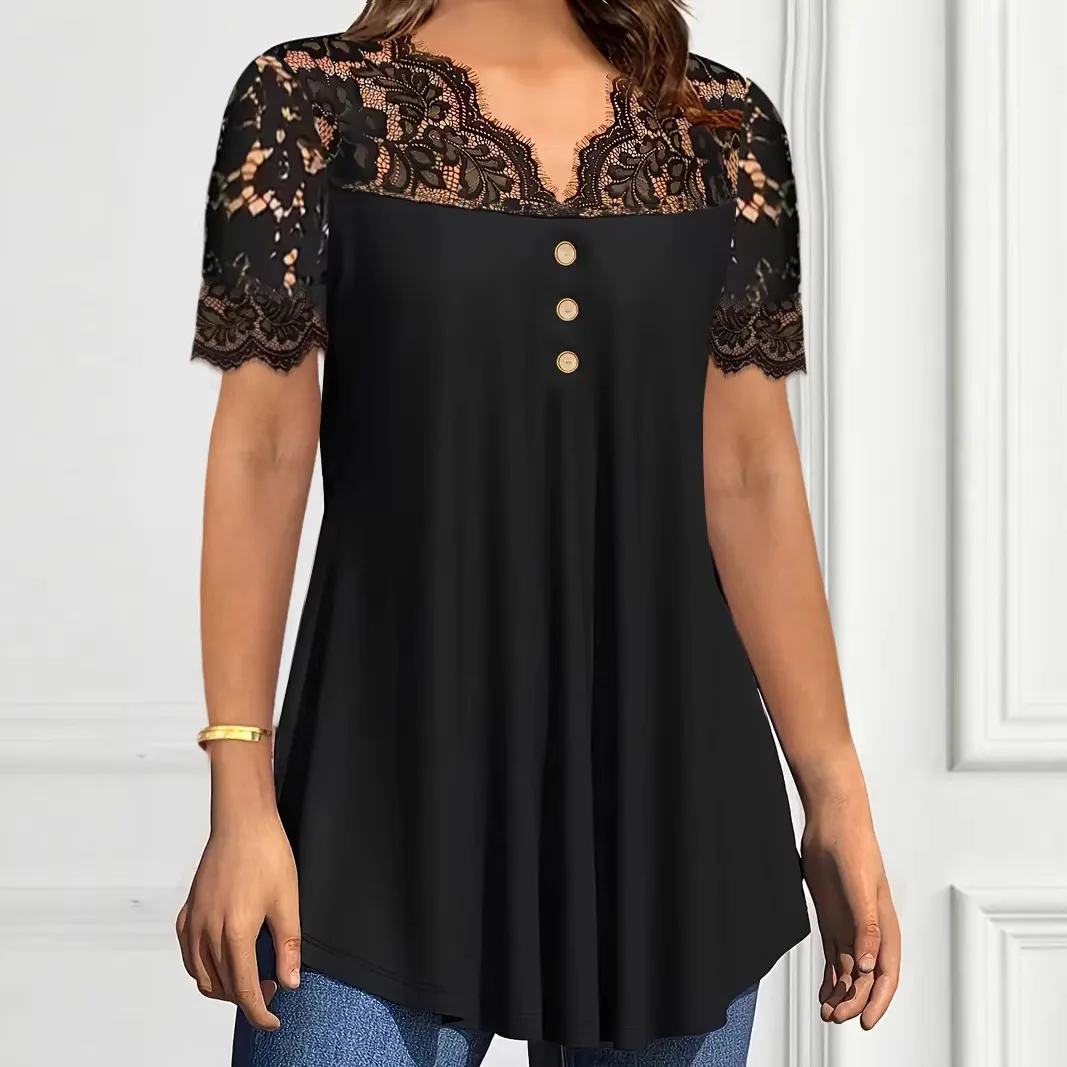 

2026 New Fashion Lace Ruffle Shirt Women Summer Sexy And Elegant Solid Color V-neck Home Short-sleeved Top For Women