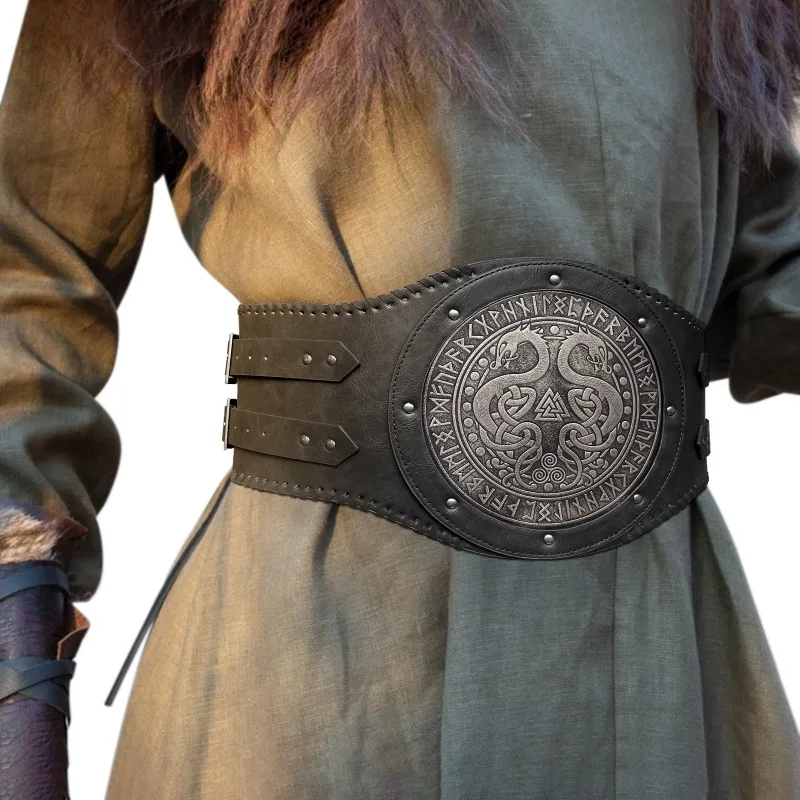 Medieval Wide Heavy Belt Vikings Nordic Runic Print Pirate Costume PU Leather Men's Larp Belt Vintage Adult Renaissance Props