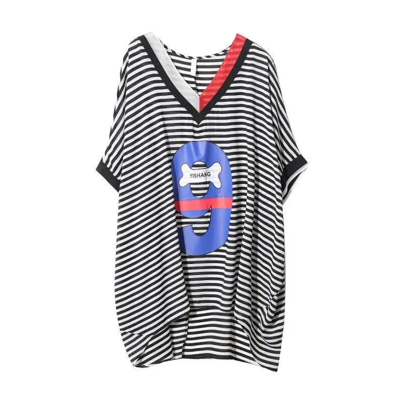 Plus Size Thin V Neck Striped Tops Short Sleeve Contrast Print Loose Fashion T Shirts Summer New Casual Vintage Women Clothing