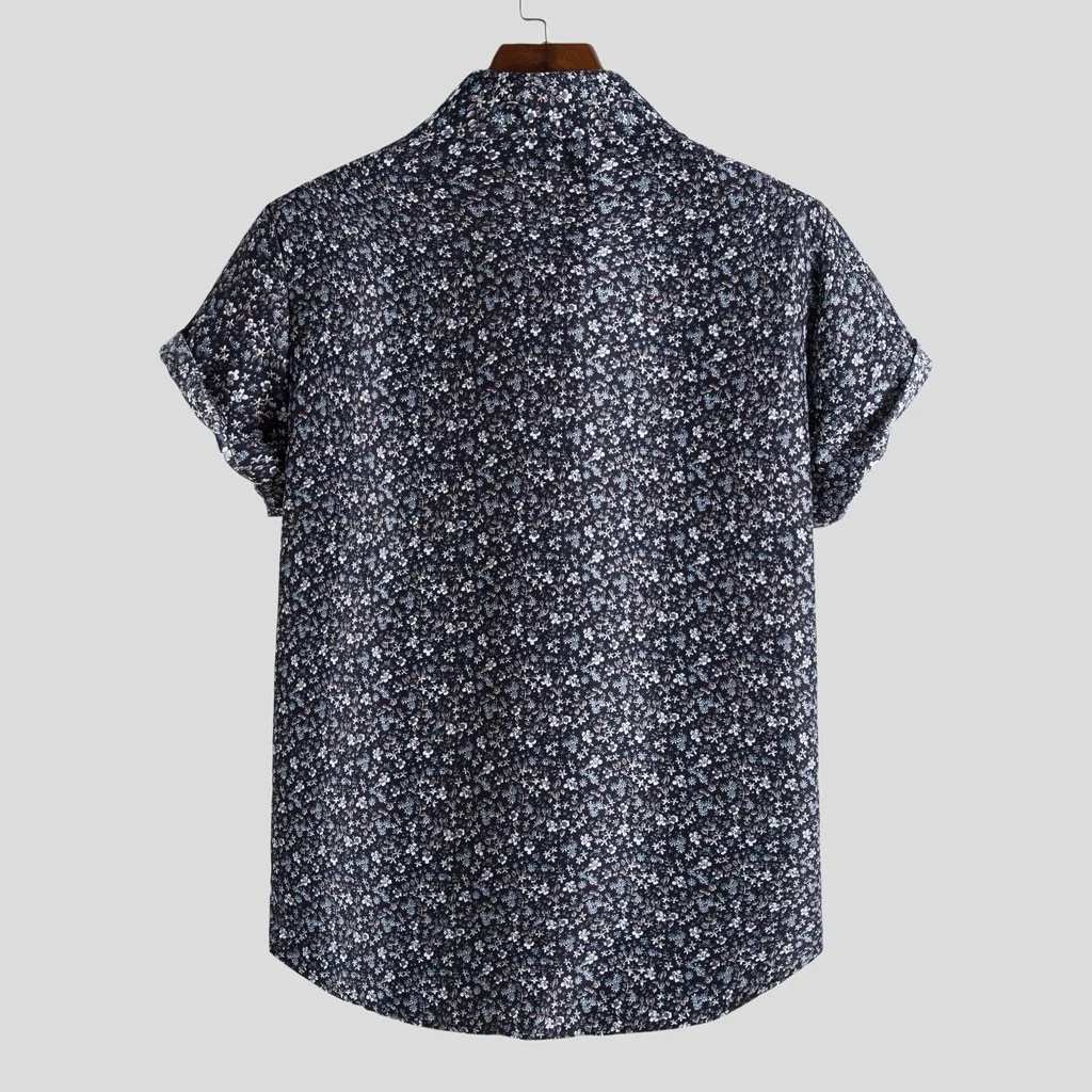 Mens Plain Shirts Summer Short Sleeve Turn Down Neck Shirt Fashion Ethnic Printing Casual Men Shirts Single Breasted Top