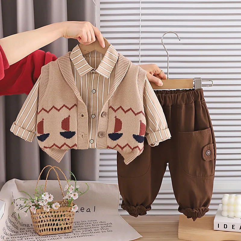Toddler Spring Outfits 2026 New Baby Boy Clothes 1-5T Korean Single Breasted Knitted Vest + Shirts + Pants 3 Piece Set Kids Suit