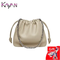 Casual Drawstring Second Layer Cowhide Women Shoulder Chain Bag Ruched Split Leather Female Underarm Crossbody Hobo Bag Purse