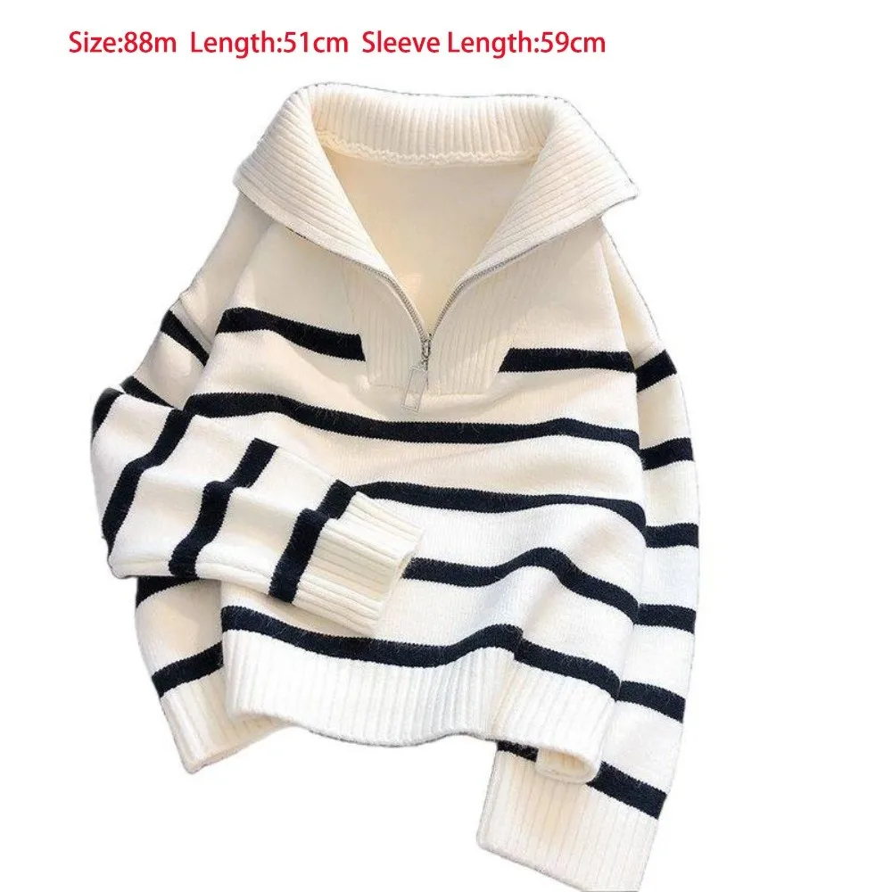 Short Length Striped Sweater Thick Knit Half Zip Design Half Zip Pullover Ribbed Collar Striped Pattern Casual Inner Wear