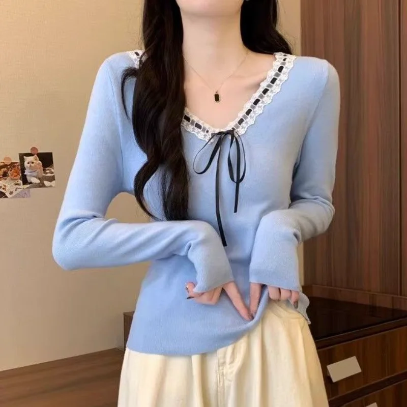 

Lace Bow Knit Sweater Casual Spring Slim Base Shirt Gentle Sweet Pullover Top