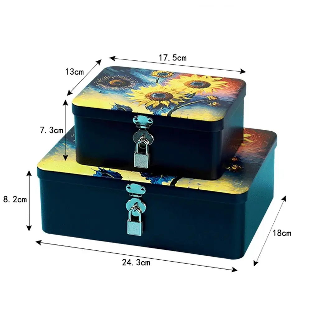 Durable Vintage Tinplate Box Large Capacity with Lock Key Desktop Storage Case Empty Box Household