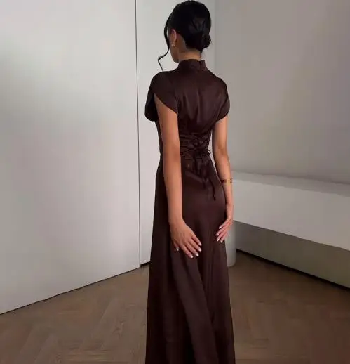 Autumn New Women's Chic Satin Solid Color Maxi Dress Traditional Stand Collar and Modern Cutout Combine Slimming Dress