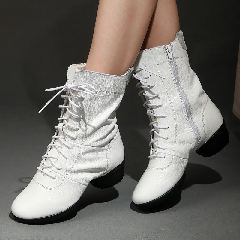 Botas de baile de piel de vaca con suela suave para mujer, botas de baile cuadradas de baile moderno, aumento de altura, Otoño e Invierno