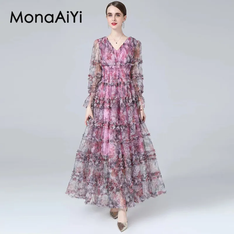 

MonaAiYi Autumn Women's Ball Gown Dress V-Neck Flare Sleeved Elastic Waist Mesh Edible Tree Fungus Edge Bohemian Holiday Dresses