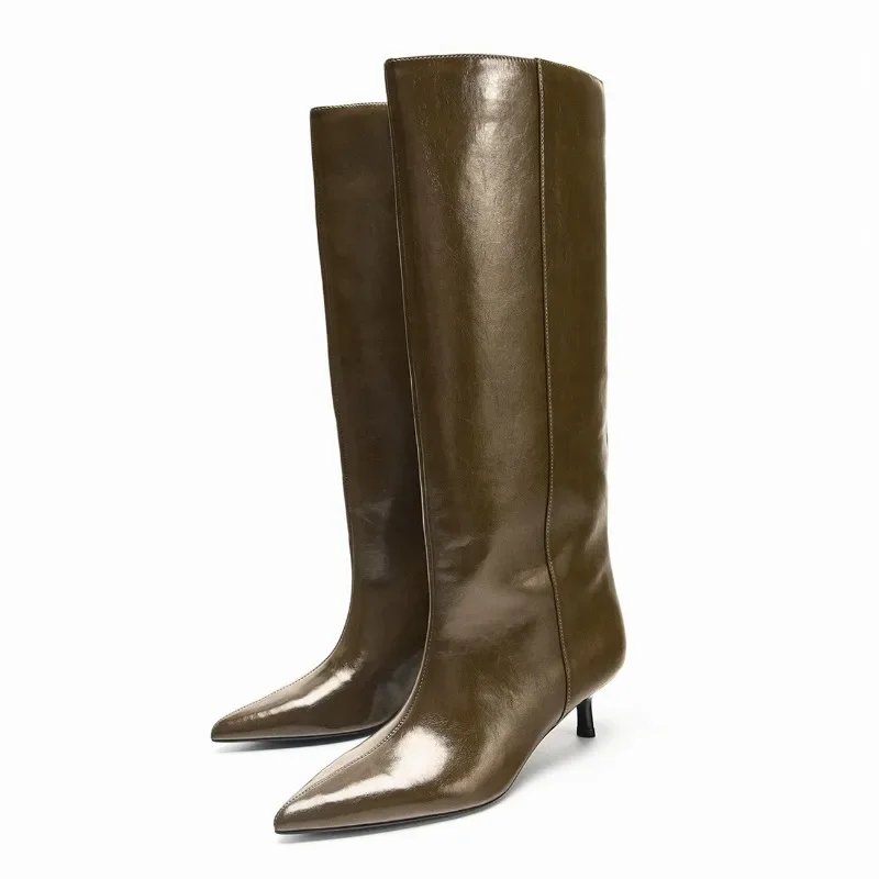 

Luxury Designer Soft Leather Knee High Boots Women Fashion Pointy Toe Kitten Heel Knight Boots Autumn Winter New Modern Boots