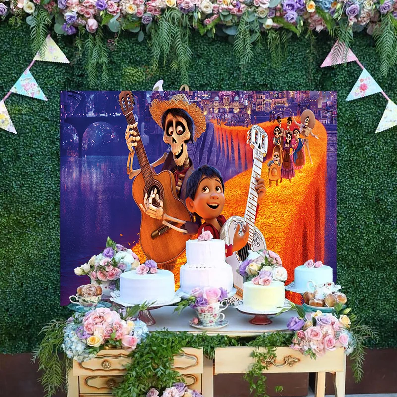 

Cartoon Disney Coco Hector Miguel Riveras Ernesto de la Cruz Baby Happy Birthday Party Backdrop Photography Backgrounds Banner