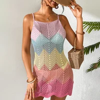 Vestido lencero Multicolor tejido de estilo Sexy, Vestido corto calado a la moda para mujer, vacaciones en la playa, colores de macarrón, cubrir Bikini