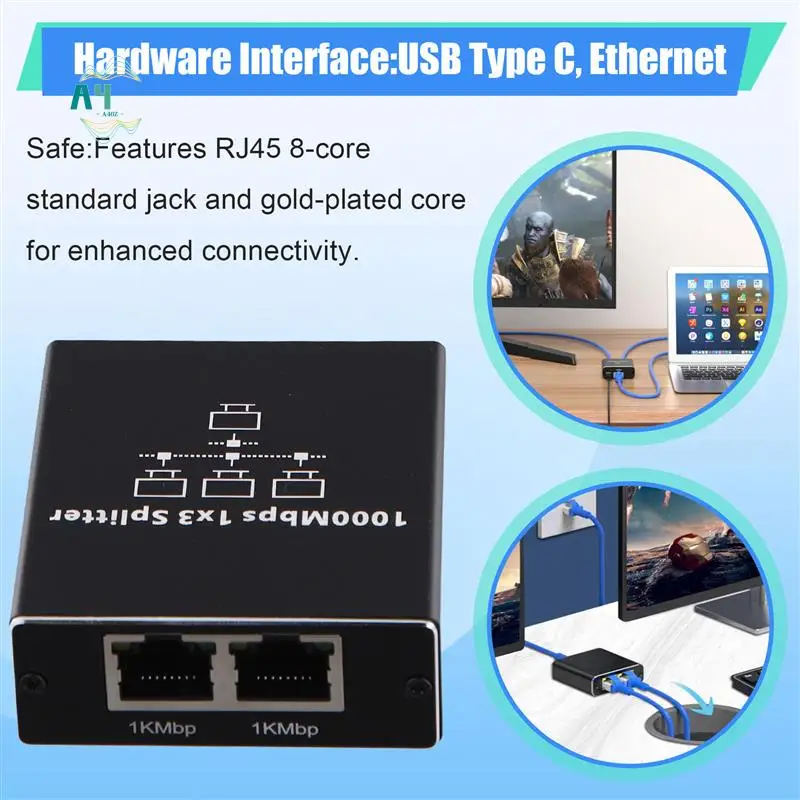 A40Z-Gigabit Ethernet Splitter 1 To 3 Ports 1000Mbps Network Extension RJ45 Adapter For PC, Laptop, Router, TV-Box