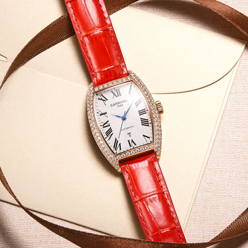 Switzerland CARNIVAL Luxury Rhinestone Women's Watch Automatic Mechanical Waterproof Auto Date Leather Strap Clock C8857L-B